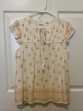 In Bloom Ivory Floral Tie-Neck Peasant Blouse